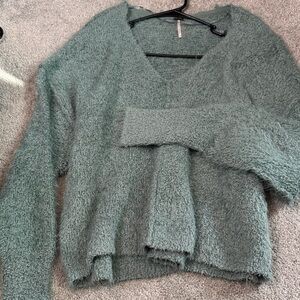 Free People Fuzzy Green V-Neck Sweater